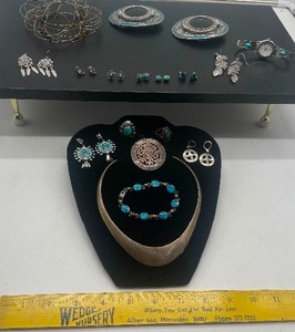 lot 4 image: Southwest Style Turquoise Silver Jewelry Lot  Mexican Sterling