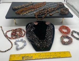 lot 46 image: Beautiful Bead and Gemstone Jewelry Lot Tigers Eye, Amber,  Wood accents
