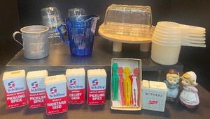 lot 71 image: Vintage Kitchen Lot  Spice Tins, Sapphire Philbe Hazel Atlas Custard Cups, S&P shakers
