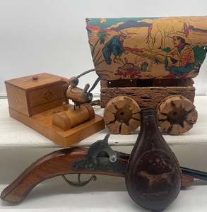 lot 3 image: 19th Century American Embossed Leather Powder Rifle Flask, Mechanical Wooden Bird Cigarette Roller Misc Lot