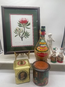 lot 78 image: Botanical Framed Print, Vintage wine jug salt and pepper shakers, Italy Lot