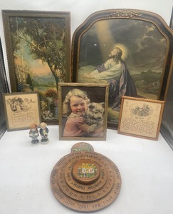 lot 79 image: Vintage Framed Artwork and Perpetual Wooden Calendar