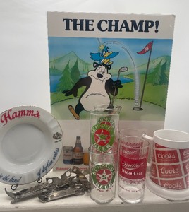 lot 84 image: Beer Lot Hamms Schmitts, Miller, Coors Glasses, ashtray poster