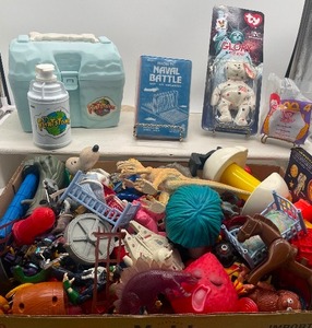lot 33 image: Large Miscellaneous Kids Meal Toys, Figurines, Flintstones Lunch Box with Thermos Lot