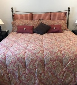 lot 123 image: Ralph Lauren King Size Comforter with Dust Ruffle 3 Euro Shams and Throw Pillows
