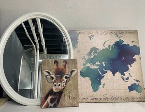 lot 124 image: Wall Decor Map Canvas, Giraffe in Glasses, Oval Mirror with White Frame