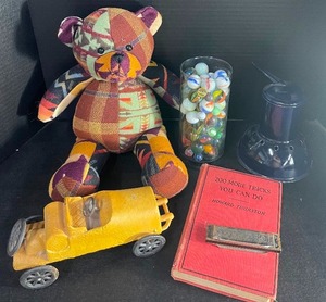 lot 125 image: Vintage Marbles with Shooters, Vintage Harmonica Enamel Vaporizer, Cast Iron Car