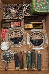 lot 139 image: Vintage Lot Glenville MN Barber Shop Ashtrays, Keys, Pocket Knives, Razors