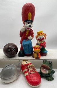 lot 141 image: Vintage Novelty Banks Lot of 6 Clown, Drummer, Whale, Tennis Shoe, Frog