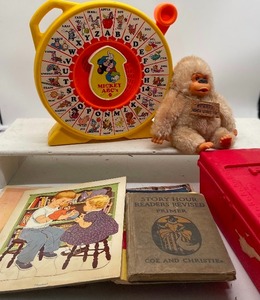 lot 142 image: Vintage Toy Lot Mattel Mickey Mouse See N Say works, puzzles, books RUSS Gonga Loves You Plush