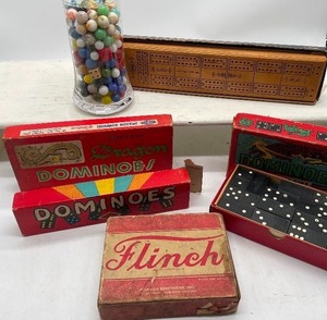 lot 143 image: Vintage Dominoes, Marbles, Cribbage Board Flinch Card Game