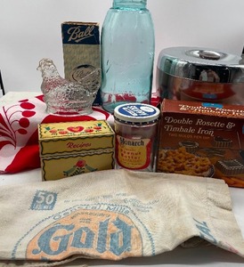lot 150 image: Jeanette Glass Hen Candy Topper Nordic Ware Rosette, Vintage Monarch Peanut Butter Jar Zinc Lids Mirro Canister