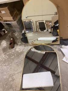 lot 8 image: 24 in. W x 32 in. H Arched Mirror for Bathroom Entryway Wall Decor Metal Frame Wall Mounted Mirror in Gold 2-Pieces   Customer Returns See Pictures