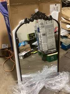 lot 12 image: XRAMFY 24 in. W x 38 in. H Arched Black Aluminum Alloy Framed Decorative Wall Mirror    Customer Returns See Pictures