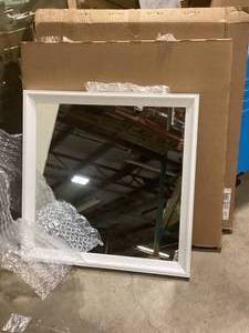 lot 14 image: Amanti Art Vanity White Narrow 29.5 in. W x 29.5 in. H Non-Beveled Bathroom Wall Mirror in White  Customer Returns See Pictures