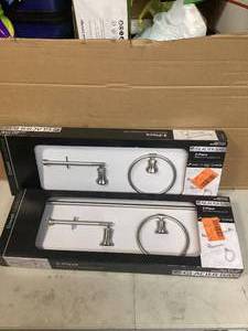 lot 24 image: Lot of Glacier Bay Oswell 3-Piece Bath Hardware Set with Toilet Paper Holder, Hand Towel Holder, 24 in. Towel Bar in Brushed Nickel  Customer Returns See Pictures