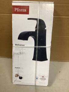lot 47 image: Pfister Bellance Single Handle Single Hole Bathroom Faucet with Drain Kit and Deckplate included in Matte Black  Customer Returns See Pictures
