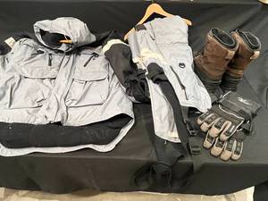 lot 222 image: Clam IceArmor Ice Fishing Gear Lot Jacket, Bib, Boots, and Gloves