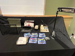 lot 239 image: Lot of Office Supplies Including Texas Instruments TI-5130 Calculator and Desk Lamp