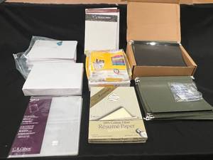 lot 240 image: Assorted Office Supplies Lot Copy Paper, Binder Page Refills, Hanging Folders