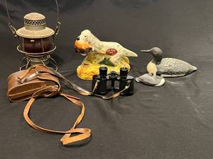 lot 262 image: Vintage Lot Adlake Lantern, Marcel Binoculars, Jennings Decoy, and Ezra Brooks Figurine