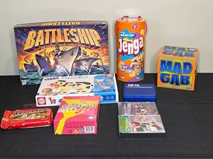 lot 215 image: Board Game and Puzzle Lot including Battleship, Jenga, Mad Gab, and More