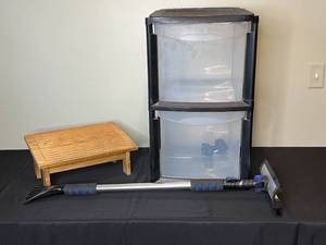 lot 227 image: Lot of Storage Drawers, Wooden Under Desk Foot Rest, and Snow Brush with Ice Scraper