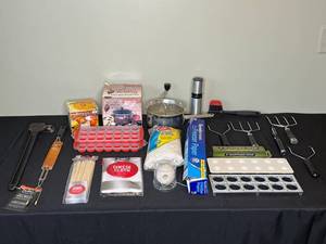 lot 248 image: Mixed Lot of Kitchen and Cleaning Supplies - Chocolate Fondue Pot, Grill Brush, Freezer Paper