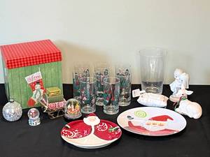 lot 255 image: Christmas Lot Including Snow Globes  Plates  Glassware and Merry Pillow