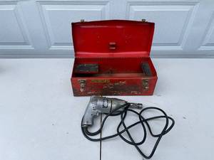 lot 22 image: Vintage Black & Decker Electric Drill with Red Metal Toolbox