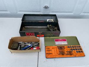 lot 23 image: Mixed Lot of Tool Box, Tap and Die Set, and Miscellaneous Tools