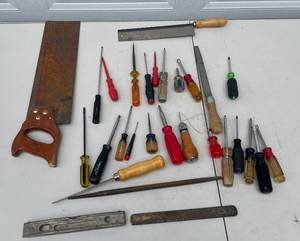lot 62 image: Lot of Assorted Hand Tools Saws, Screwdrivers, Files and More