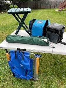 lot 315 image: Outdoor Camping Gear Lot with Table, Chairs, and Cooler Bags