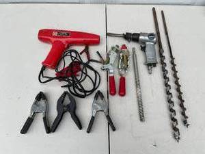 lot 139 image: Lot of Assorted Tools Clamps, Mac Tools Heat Gun, and Pneumatic Drill