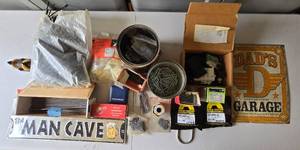 lot 100 image: Assorted Garage Hardware and Sign Lot