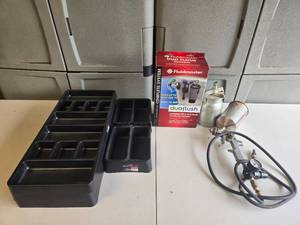 lot 161 image: Tool Trays, Paint Spray Gun, and Fluidmaster DuoFlush Set