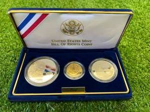 US Mint Bill of Rights Coins $5 Gold, $1 Silver & Silver Half Dollar
