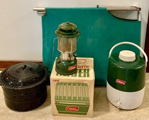 lot 138 image: Vintage Camping Finds, Including Cot, Heater and Coleman Water Jug and More