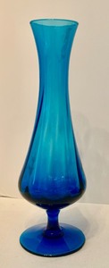 lot 111 image: Vintage MCM Empoli Tall 15 Compote Blue Glass Vase Bowl,  Vintage Aqua Blue Hand Blown Ribbed Bud Vase & More
