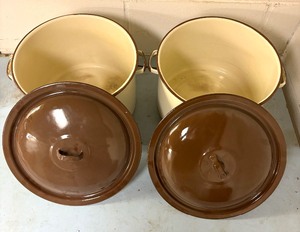 lot 351 image: Two Vintage Enamel Stock Pots with Lids