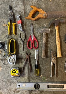 lot 453 image: Hammers, Saw, Level, Tape Measure, Wrenches, Ship Light and More