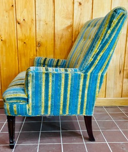 lot 2 image: Vintage Retro Find Alert Pair of Gold, Green and Blue Velvet Striped Chairs