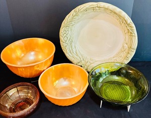 lot 304 image: Vintage Fire King Orange Bowls, Green Bowl with Leaves by Southern Living HOME Marianos Collection and MORE
