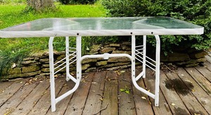 lot 320 image: Outdoor Dining Table White Base and Glass Top