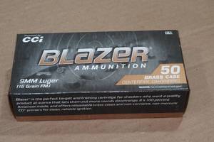 lot 206 image: 50 CCI Blazer Brass 9mm Luger 115 Gr FMJ Ammo