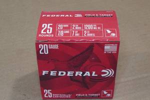 lot 232 image: 25 Federal Field & Target 20 Gague 2-34 7-12 Shot Shotshells