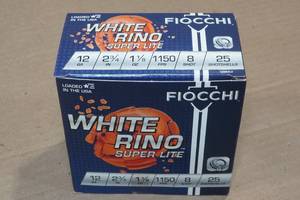 lot 261 image: 25 Fiocchi White Rino 12 Gauge 2-34 8 Shot Shotshells