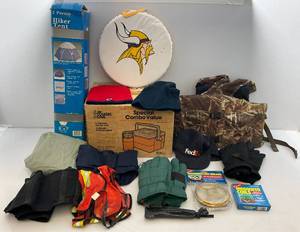 lot 26 image: Misc. Vintage Outdoor Items Including 2-Person Tent, The Tough One Cooler Set (NIB) & More