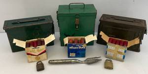 lot 110 image: Misc. Vintage Ammo Boxes With Some Vintage Shotgun Shells