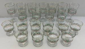 lot 111 image: Misc. Vintage Gold Rimmed Holiday Holly Print Glasses & More